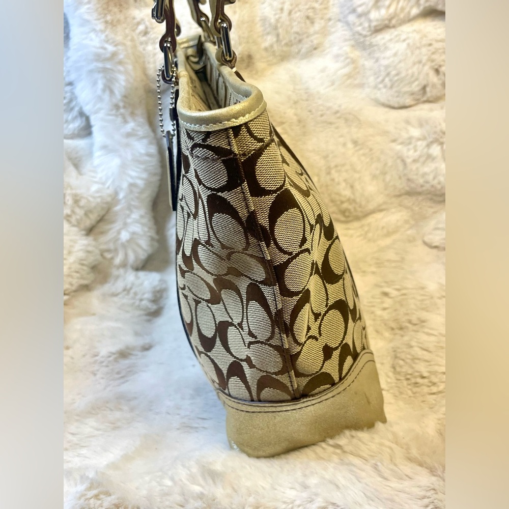 Coach Vtg 2005 Rare Gallery Beaded Signature C Canvas Metallic Gold Leather Tote - Picture 12 of 16